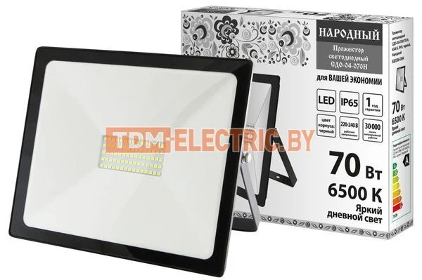 Прожектор светодиодный СДО-04-070Н 70 Вт, 6500 К, IP65, черный, Народный-SQ0336-0264