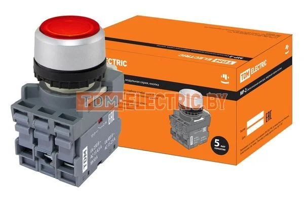 Кнопка с фиксацией MP2-21R(LED) в сборе d22мм/220В 1з+1р красная TDM-SQ0747-0021