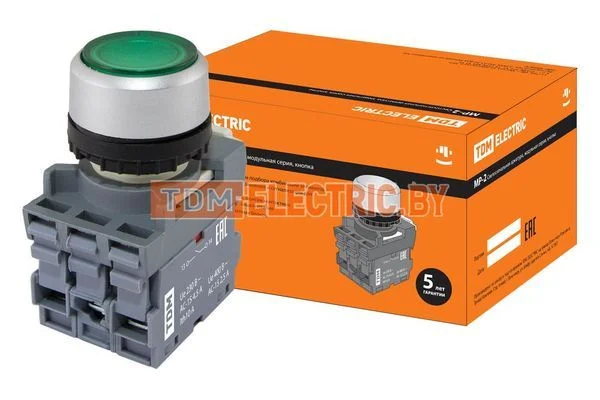 Кнопка с фиксацией MP2-21G(LED) в сборе d22мм/24В 1з+1р зеленая TDM-SQ0747-0026