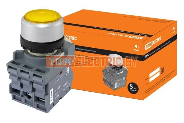 Кнопка с фиксацией MP2-21Y(LED) в сборе d22мм/24В 1з+1р желтая TDM-SQ0747-0027