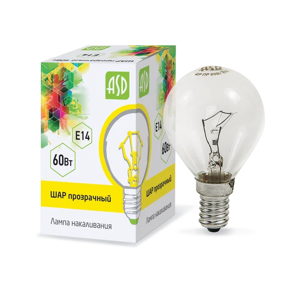 Лампа нак ШАР P45 60Вт 230В Е14 прозрачный 630Лм ASD