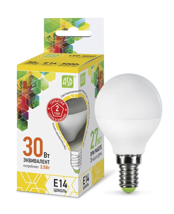 Лампа сд LED-ШАР-std 3.5Вт 230В Е14 3000К 320Лм ASD