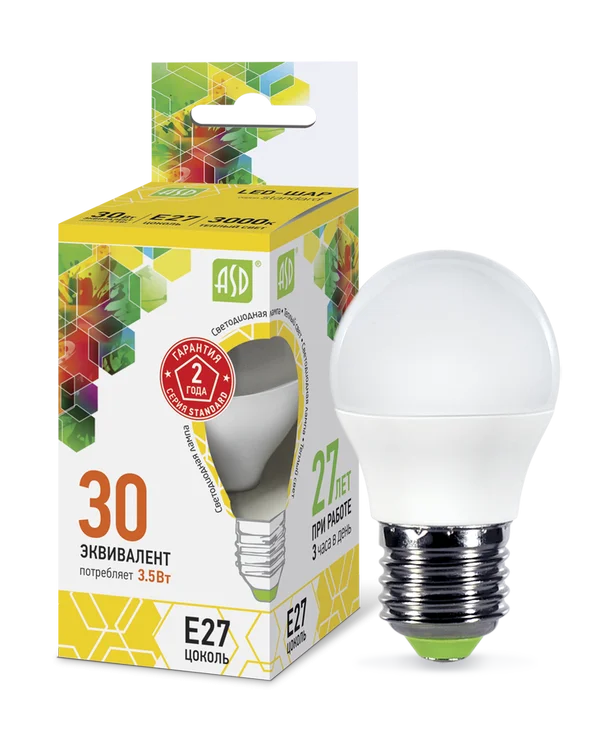 Лампа сд LED-ШАР-std 3.5Вт 230В Е27 3000К 320Лм ASD