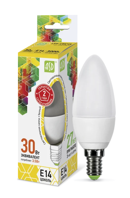 Лампа сд LED-СВЕЧА-std 3.5Вт 230В Е14 3000К 320Лм ASD