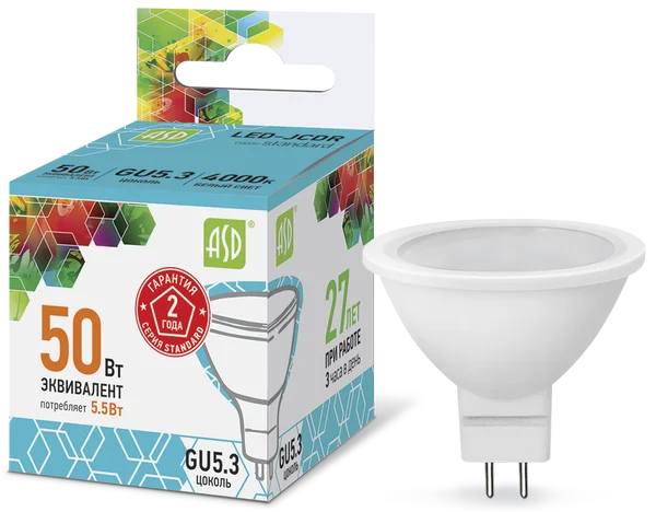 Лампа сд LED-JCDR-std 5.5Вт 230В GU5.3 4000К 495Лм ASD