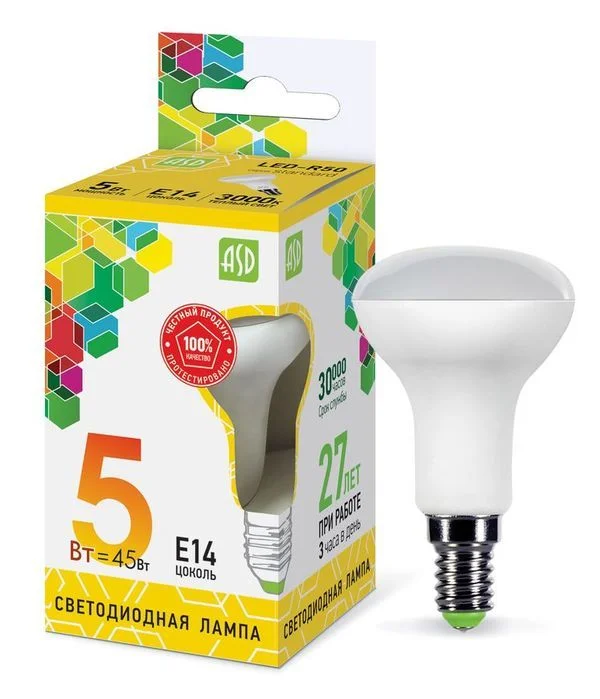 Лампа сд LED-R50-std 5Вт 230В Е14 3000К 450Лм ASD