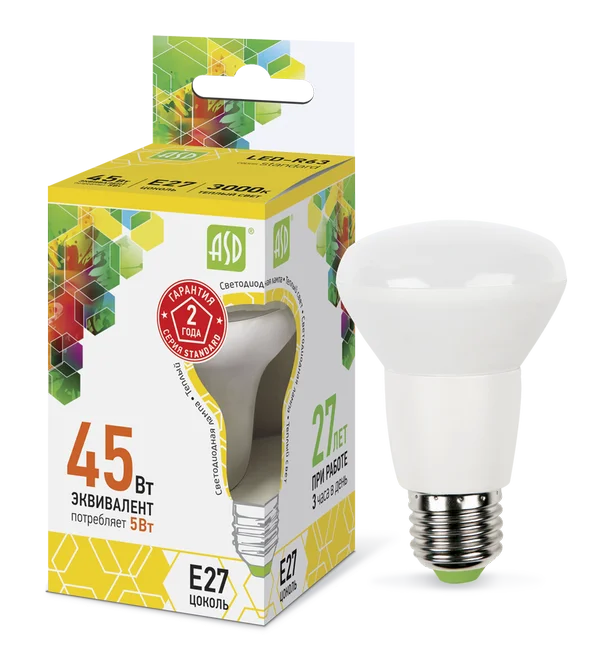 Лампа сд LED-R63-std 5Вт 230В Е27 3000К 450Лм ASD