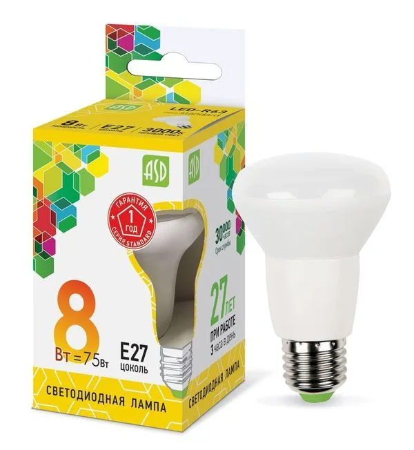 Лампа сд LED-R63-std 8Вт 230В Е27 3000К 720Лм ASD