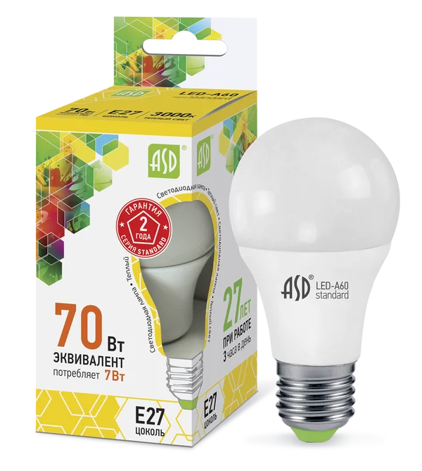 Лампа сд LED-A60-std 7Вт 230В Е27 3000К 630Лм ASD