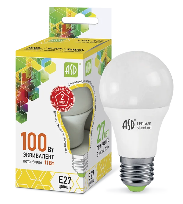 Лампа сд LED-A60-std 11Вт 230В Е27 3000К 990Лм ASD