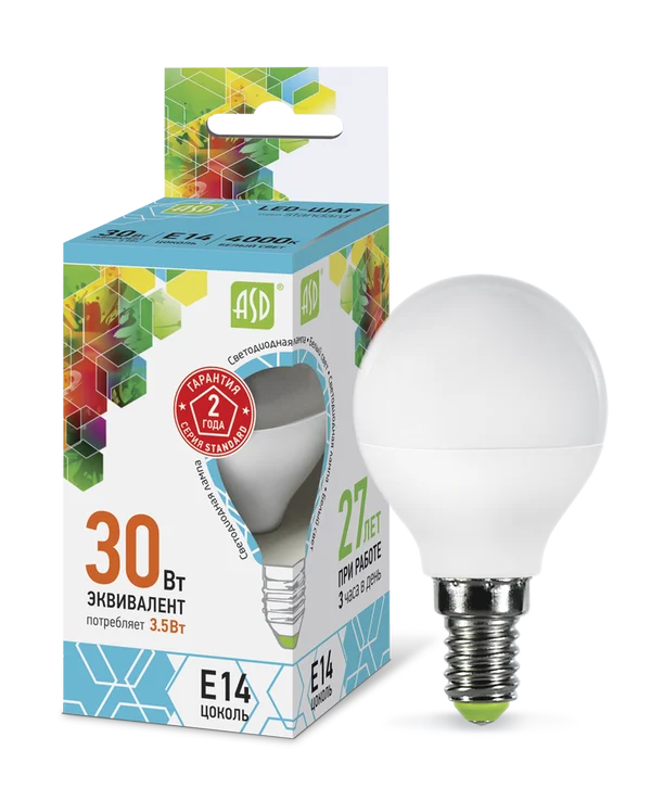 Лампа сд LED-ШАР-std 3.5Вт 230В Е14 4000К 320Лм ASD