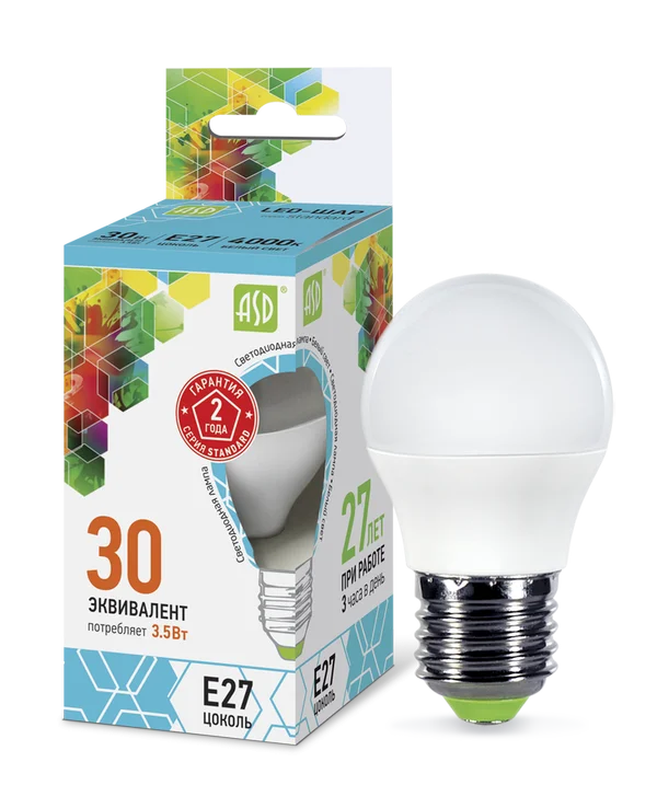 Лампа сд LED-ШАР-std 3.5Вт 230В Е27 4000К 320Лм ASD