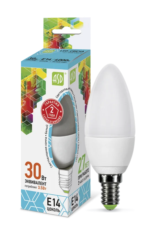 Лампа сд LED-СВЕЧА-std 3.5Вт 230В Е14 4000К 320Лм ASD
