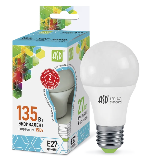 Лампа сд LED-A60-std 15Вт 230В Е27 4000К 1350Лм ASD