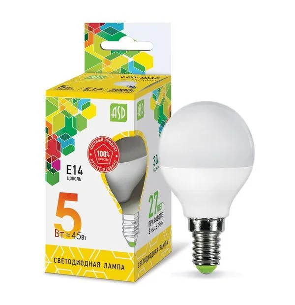Лампа сд LED-ШАР-std 5Вт 230В Е14 3000К 450Лм ASD