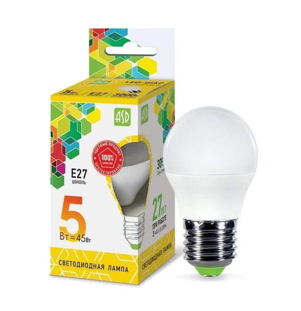 Лампа сд LED-ШАР-std 5Вт 230В Е27 3000К 450Лм ASD