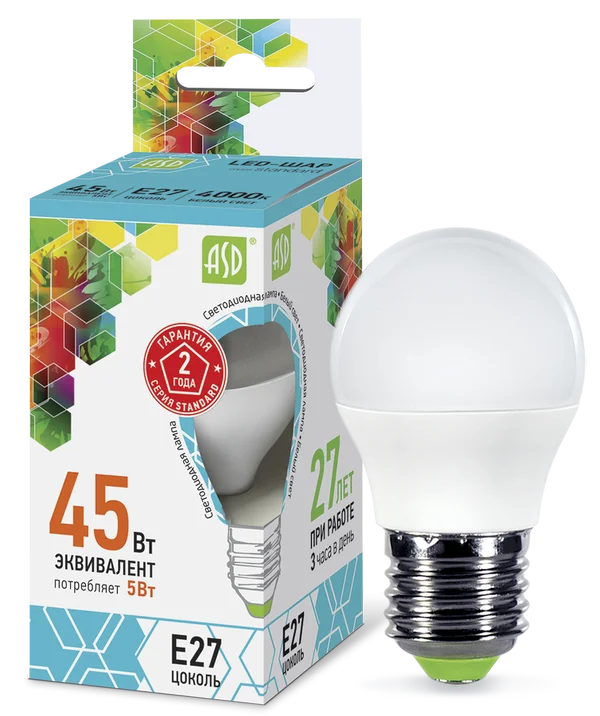 Лампа сд LED-ШАР-std 5Вт 230В Е27 4000К 450Лм ASD