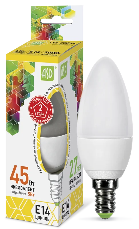 Лампа сд LED-СВЕЧА-std 5Вт 230В Е14 3000К 450Лм ASD
