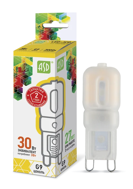 Лампа сд LED-JCD-std 3Вт 230В G9 3000К 270Лм ASD
