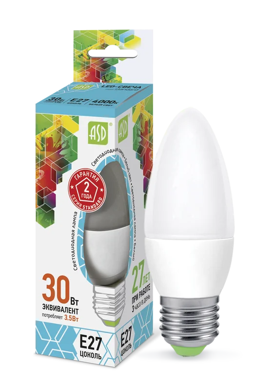 Лампа сд LED-СВЕЧА-std 3.5Вт 230В Е27 4000К 320Лм ASD