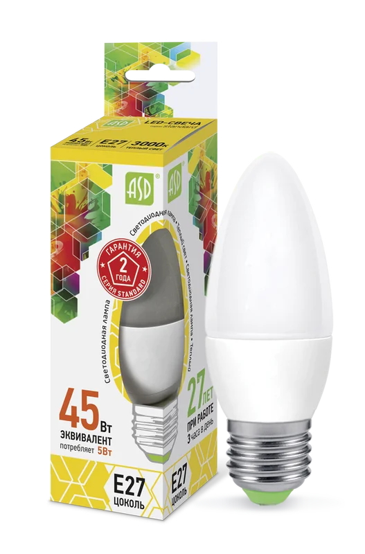 Лампа сд LED-СВЕЧА-std 5Вт 230В Е27 3000К 450Лм ASD