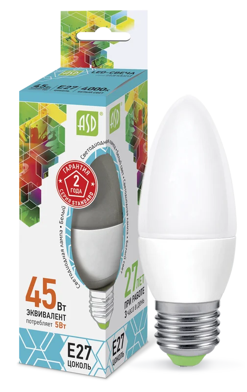 Лампа сд LED-СВЕЧА-std 5Вт 230В Е27 4000К 450Лм ASD