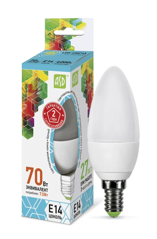 Лампа сд LED-СВЕЧА-std 7.5Вт 230В Е14 4000К 675Лм ASD