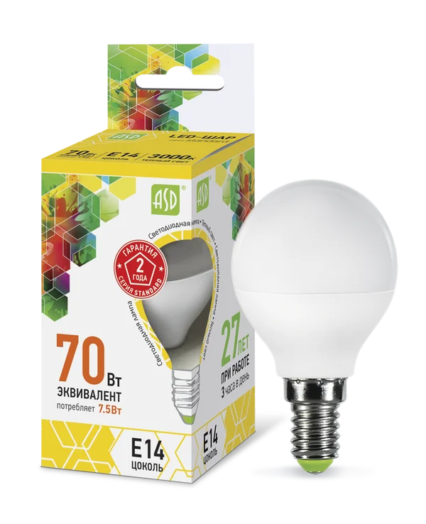 Лампа сд LED-ШАР-std 7.5Вт 230В Е14 3000К 675Лм ASD