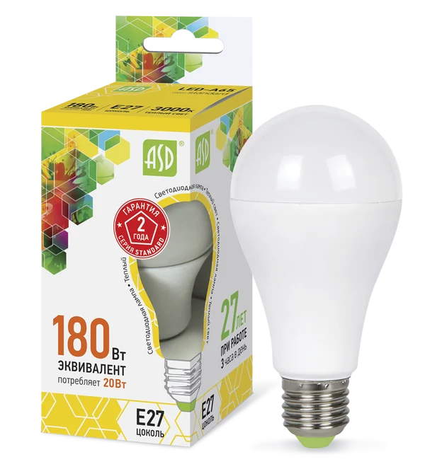 Лампа сд LED-A60-std 20Вт 230В Е27 3000К 1800Лм ASD
