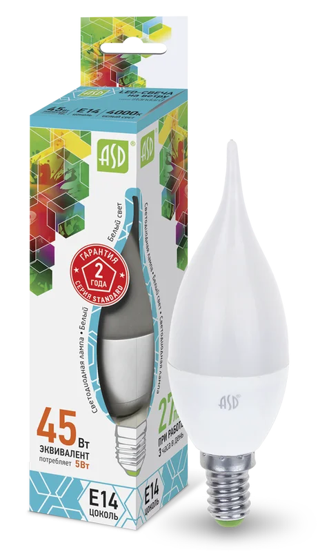 Лампа сд LED-СВЕЧА НА ВЕТРУ-std 5Вт 230В Е14 4000К 450Лм ASD