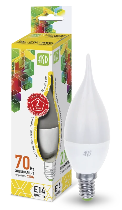 Лампа сд LED-СВЕЧА НА ВЕТРУ-std 7.5Вт 230В Е14 3000К 675Лм ASD