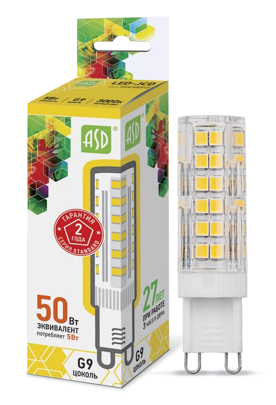 Лампа сд LED-JCD-std 5Вт 230В G9 3000К 450Лм ASD