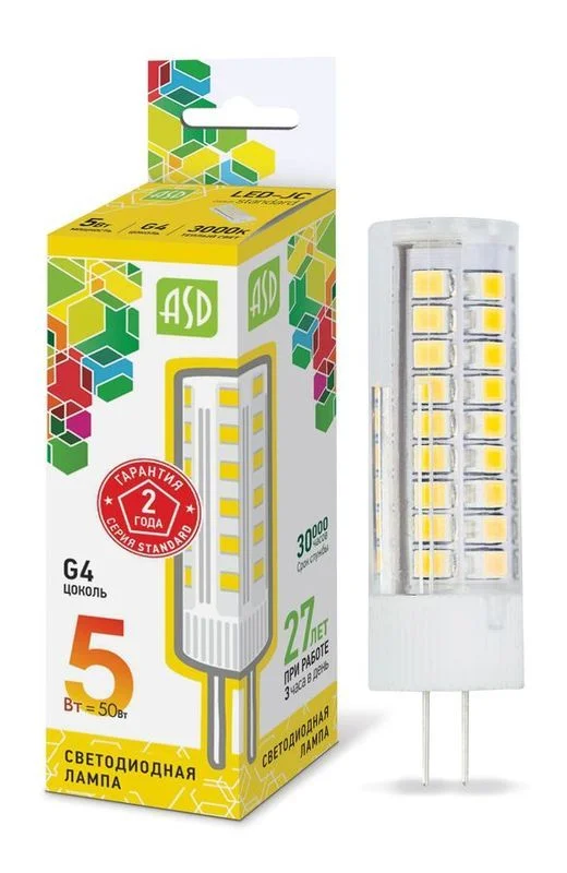 Лампа сд LED-JC-std 5Вт 12В G4 3000К 450Лм ASD
