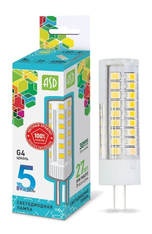 Лампа сд LED-JC-std 5Вт 12В G4 4000К 450Лм ASD