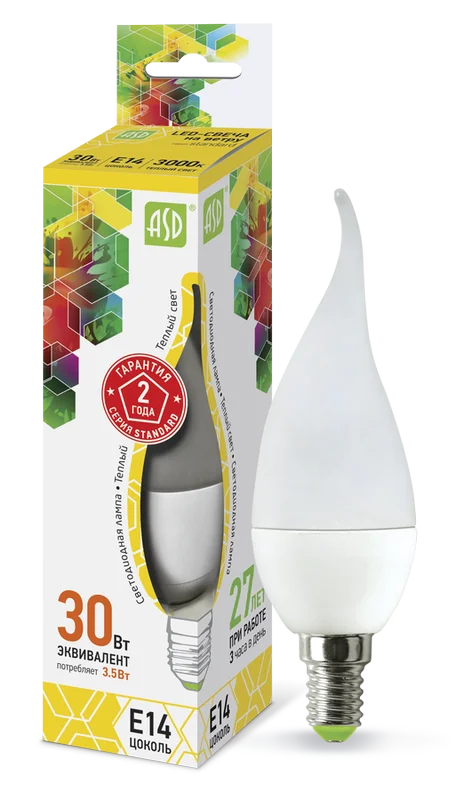 Лампа сд LED-СВЕЧА НА ВЕТРУ-std 3.5Вт 230В Е14 3000К 320Лм ASD