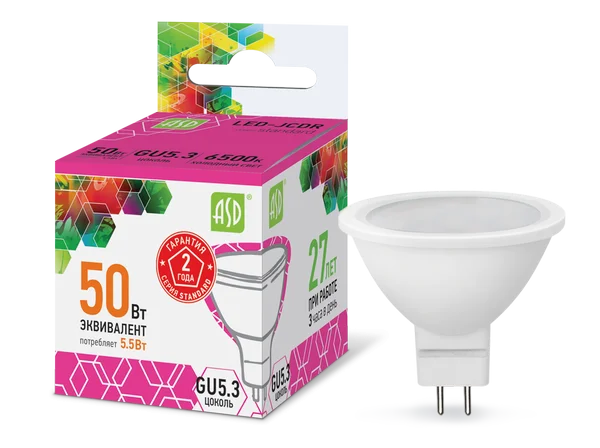 Лампа сд LED-JCDR-std 5.5Вт 230В GU5.3 6500К 495Лм ASD