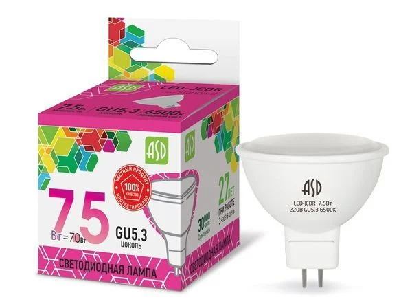 Лампа сд LED-JCDR-std 7.5Вт 230В GU5.3 6500К 675Лм ASD