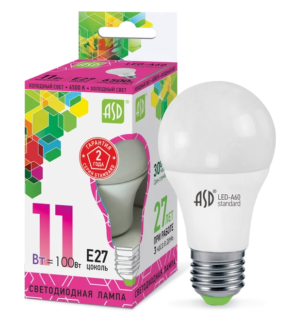 Лампа сд LED-A60-std 11Вт 230В Е27 6500К 990Лм ASD