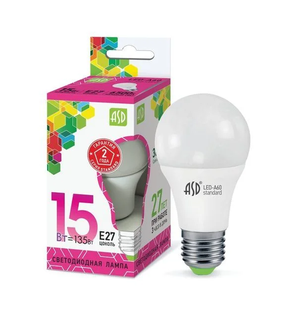 Лампа сд LED-A60-std 15Вт 230В Е27 6500К 1350Лм ASD