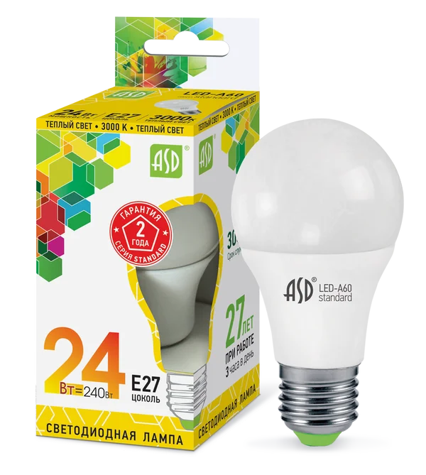 Лампа сд LED-A65-std 24Вт 230В Е27 3000К 2160Лм ASD