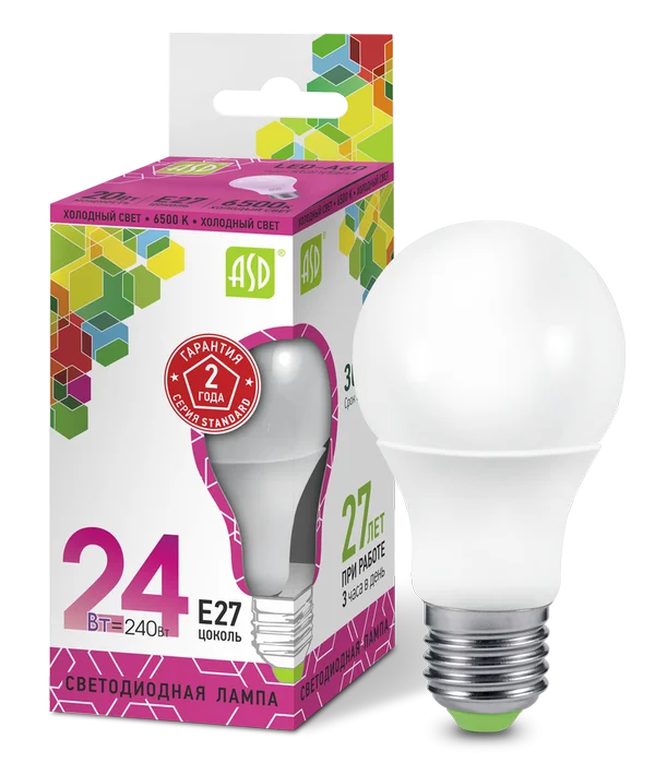Лампа сд LED-A65-std 24Вт 230В Е27 6500К 2160Лм ASD