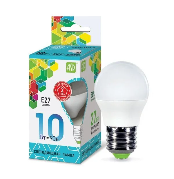 Лампа сд LED-ШАР-std 10Вт 230В Е27 4000К 900Лм ASD