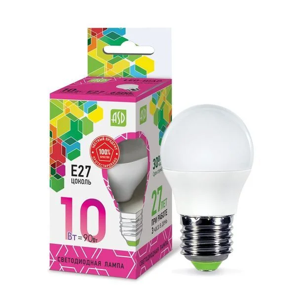 Лампа сд LED-ШАР-std 10Вт 230В Е27 6500К 900Лм ASD