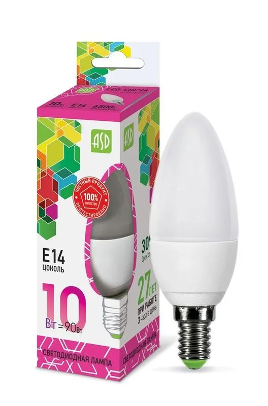 Лампа сд LED-СВЕЧА-std 10Вт 230В Е14 6500К 900Лм ASD
