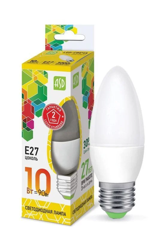 Лампа сд LED-СВЕЧА-std 10Вт 230В Е27 3000К 900Лм ASD