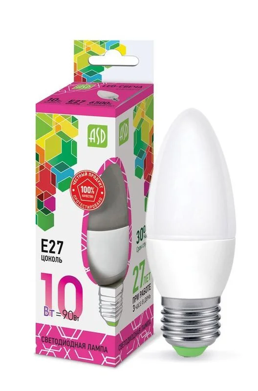 Лампа сд LED-СВЕЧА-std 10Вт 230В Е27 6500К 900Лм ASD