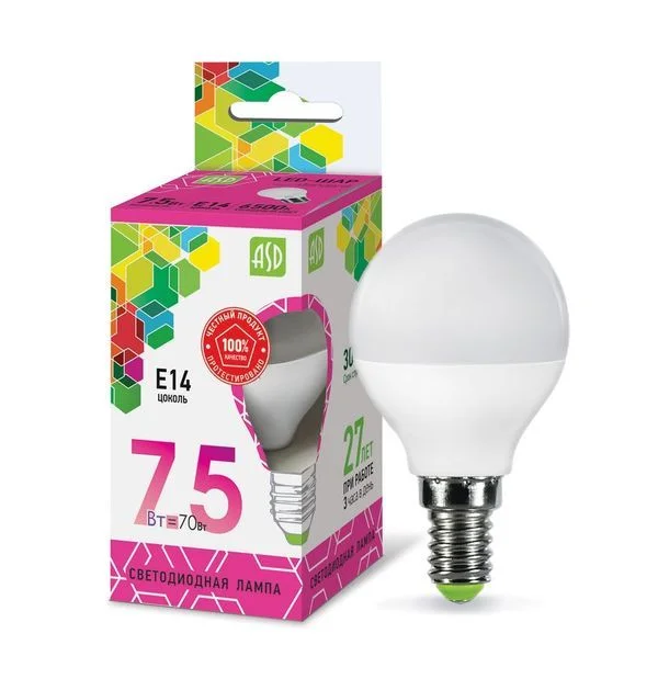 Лампа сд LED-ШАР-std 7.5Вт 230В Е14 6500К 675Лм ASD