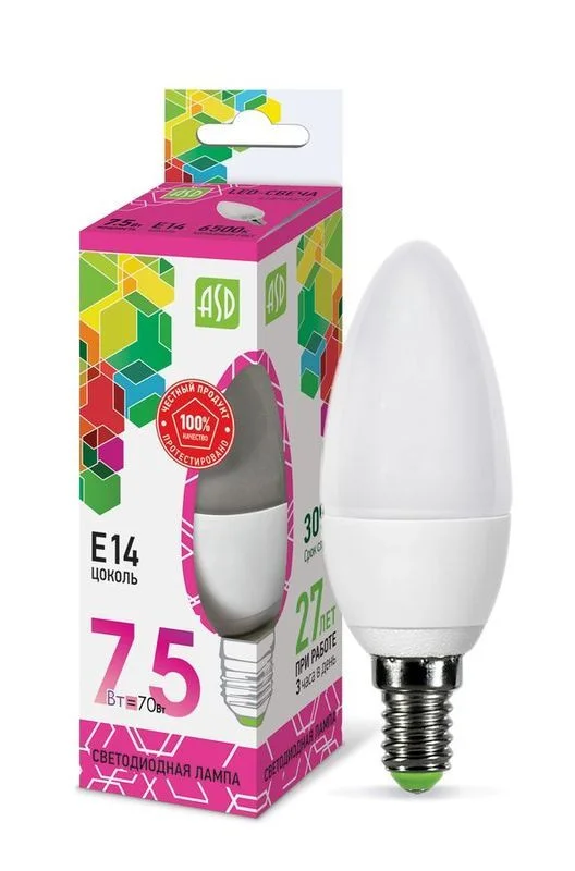 Лампа сд LED-СВЕЧА-std 7.5Вт 230В Е14 6500К 675Лм ASD