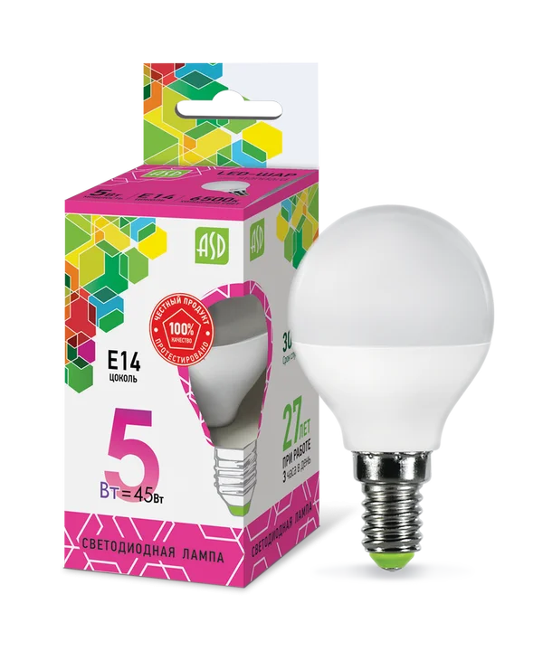 Лампа сд LED-ШАР-std 5Вт 230В Е14 6500К 450Лм ASD