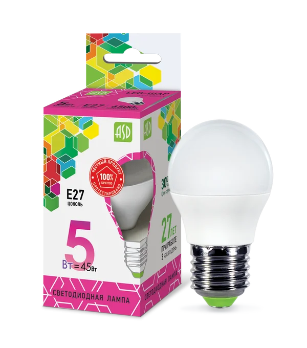 Лампа сд LED-ШАР-std 5Вт 230В Е27 6500К 450Лм ASD